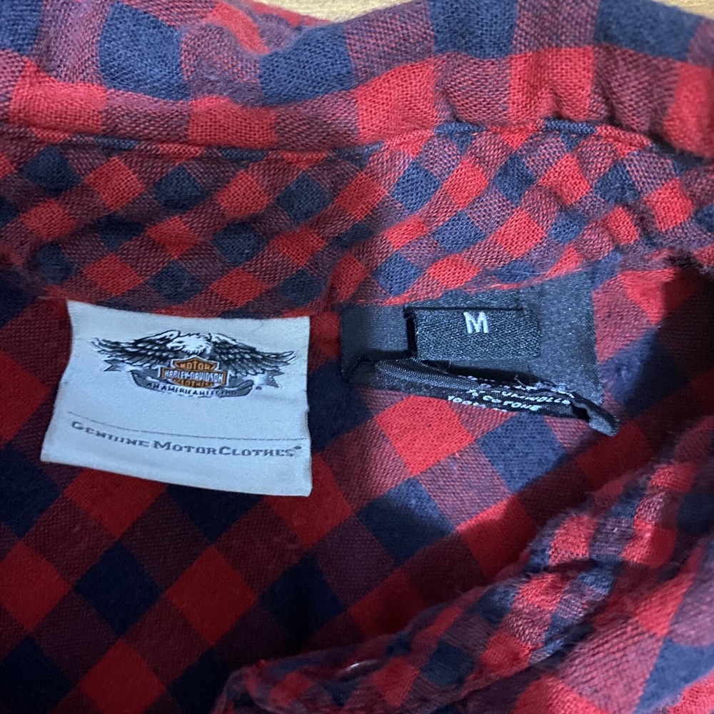 Harley Davidson Women M Red Black Plaid Snap Button Down Corset Tie Back Shirt - Picture 4 of 8